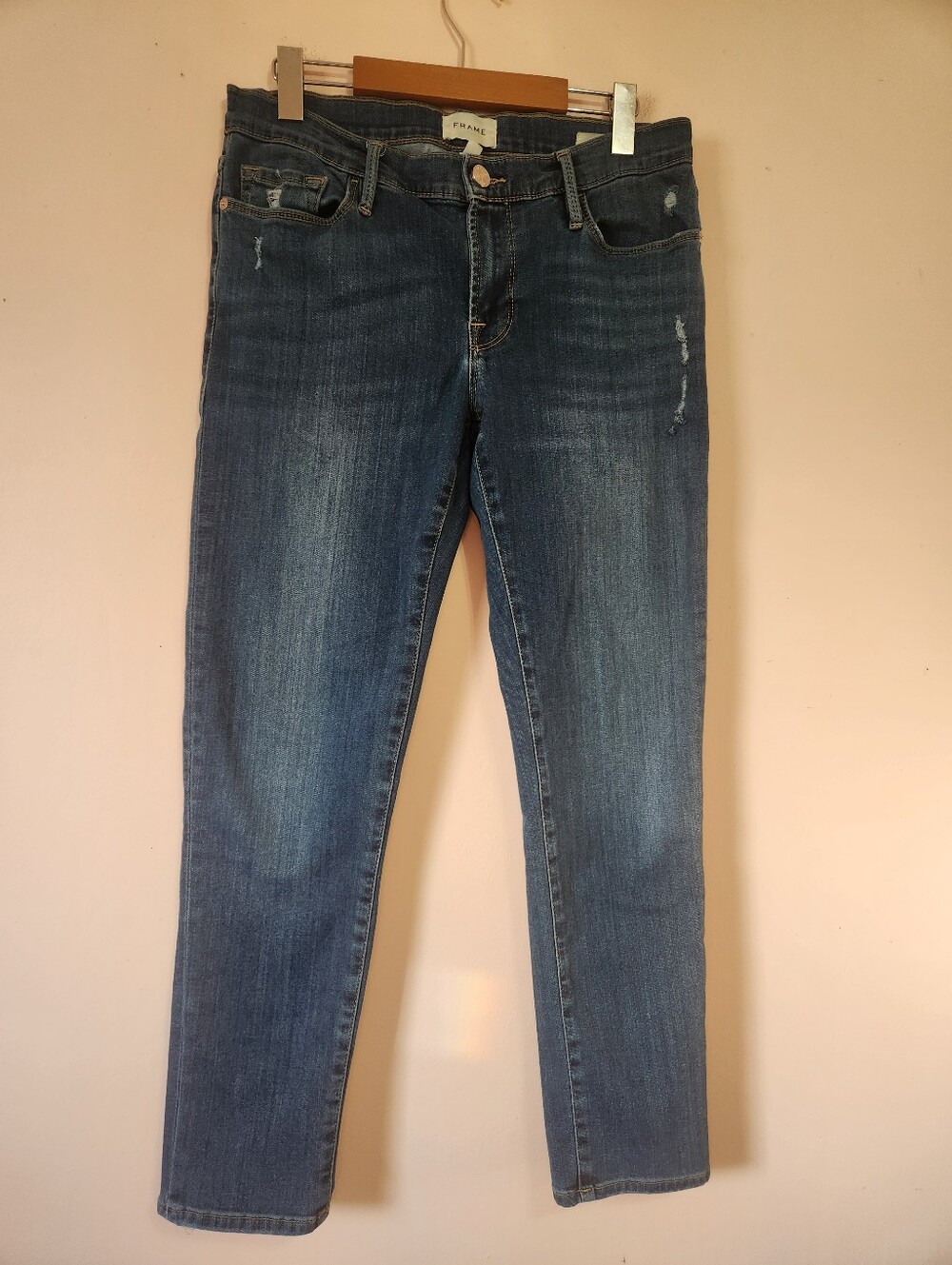 FRAME Le Garçon Slim Boyfriend Jeans in Lupine Grind Blue Distressed Size 28 EUC